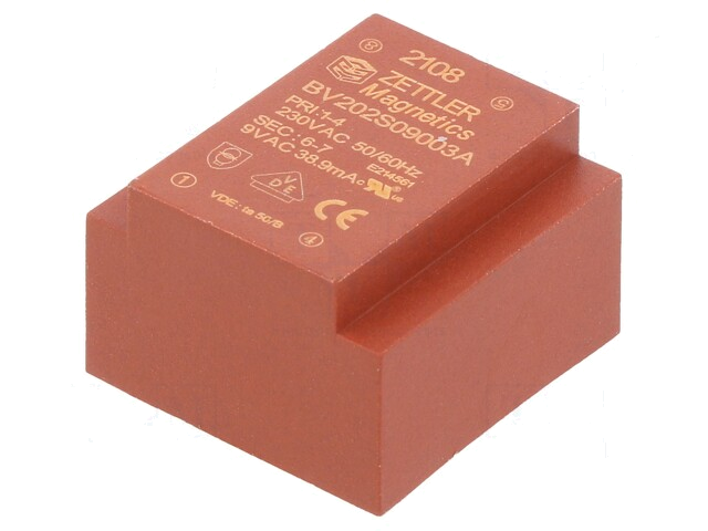Transformator: ingegoten; 0,35VA; 230VAC; 9V; PCB; 24x16x23mm Transformator: ingegoten; 0,35VA; 230VAC; 9V; PCB; 24x16x23mm